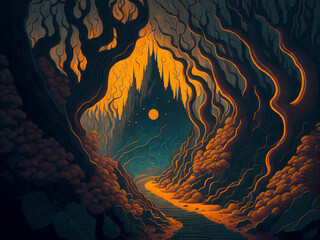 Wall Mural - fantasy forest background dark lights, abstract trees and mountain landscape digital art, generative