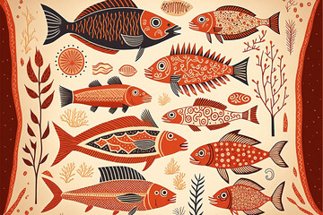 Folk art design of fish pattern wallpaper, red color theme . Sublime Generative AI image .