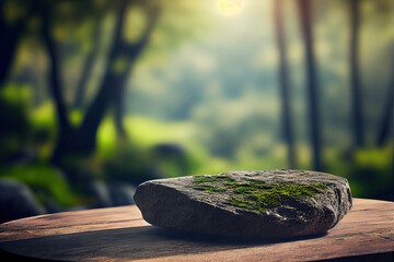 Empty stone table for product advertising display in fresh green jungle blur background . Admirable Generative AI image .