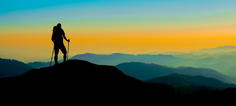 Fototapete - Silhouette of hikers mountains forest woods in the morning, landscape panorama, hike hiking adventure travel background