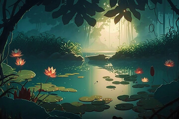 Wall Mural - A painting of a river surrounded by trees, fantasy art, storybook illustration, 2d game art, background generated ai