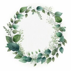 Wall Mural - Circle frame of green leaves with watercolor painting with watercolor painting isolated on white background. Theme of vintage minimal art design in geometric. Finest generative AI.