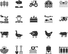Vector Set Of Agriculture And Farming Flat Icons. Contains Icons Farm, Tractor, Livestock, Combine Harvester, Barn, Farmer, Granary, Silo And More. Pixel Perfect.