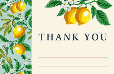 Wall Mural - design template. Lemon, leaves, flowers and olive branches. Thank you. Vector