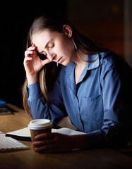 Wall Mural - Business woman, headache and tired with burnout and working night, stress migraine and mental health. Female employee at desk, overtime and fatigue, overworked and exhausted, depression and brain fog