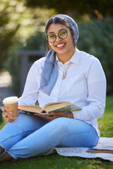 Canvas Print - Books, portrait and happy woman at park, university campus or outdoor distance learning, studying and reading. Muslim, islamic or arabic student with education book for research or college knowledge