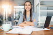 Leinwandbild Motiv Business woman, portrait and smile at desk in office for paperwork, laptop or administration in Canada. Happy, young or confident female worker with pride planning project at table in startup company