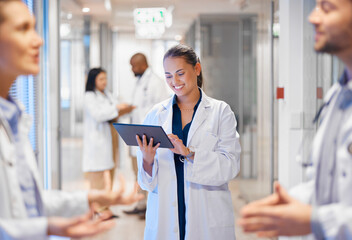 Aufkleber - Happy woman doctor on tablet for employees management, hospital workflow and clinic staff solution on software or app. Healthcare manager on digital tech for medical team research or problem solving