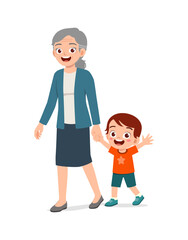 Wall Mural - little kid walking with grandmother and feel happy