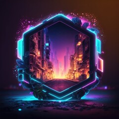 futuristic of neon glowing in hexagon shape of cityscape. concept of colorful cyberpunk in building 