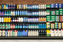 Softener On Shelf In Supermarket.

With Colorful And Brand Less Labels. Suitable For Presenting New  Detergent Product And New Designs Of Labels Among Many Others.