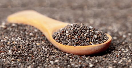 Wall Mural - Chia seeds close-up with a wooden spoon. Chia seeds macro. Dry healthy supplement for proper nutrition.