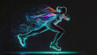 Figure ice skating female silhouette neon glowing, impetuous neon girl shape ice skating, beautiful sport image on solid black background. Translucent running woman neon lighting, generative AI