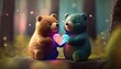 Two little bears toys holds heart in paws on colorful lens flare background, cute attractive miniature in love teddy bears couple make marriage proposal to loved one, generative AI