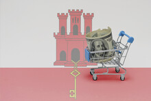 Metal Shopping Basket With Dollar Money Banknote On The National Flag Of Gibraltar Background. Consumer Basket Concept. 3d Illustration