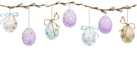 Watercolor hand drawn Easter celebration clipart. Seamless border with garland hanging eggs, bows, spring leaves. Isolated on white background. Invitations, gifts, greeting cards, print, textile