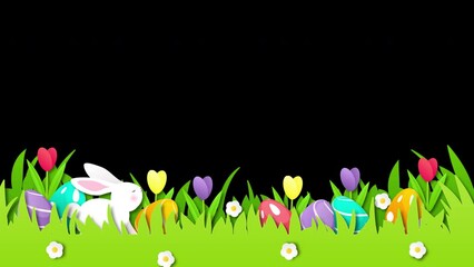 Wall Mural - 4K Easter Animation on transparent background. Cute Rabbit with easter eggs on spring meadow