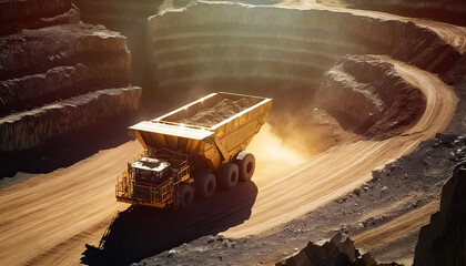 Loaded haul truck transport from open pit mining quarry, yellow truck in coal open cast mine, high production mining, heavy duty construction environments. Yellow haul truck in quarry, generative AI