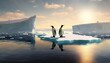 Two penguins stand on melting ice in Arctic Ocean global warming concept, world global planet climate change. Two cute emperor penguins confused by ice melting, generative AI