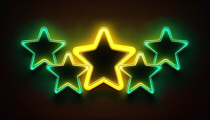 5 Five stars customer product rating colorful neon glowing multicolored solid background, stars rating review icon for quality of service. Neon lights shiny five stars feedback review, generative AI