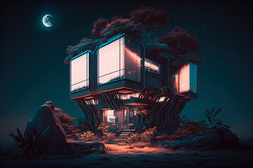 Wall Mural - A futuristic house in the middle of the night landscape. Generative AI