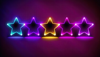 Wall Mural - 5 Five stars customer product rating colorful neon glowing multicolored solid background, stars rating review icon for quality of service. Neon lights shiny five stars feedback review, generative AI