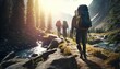 Trekking group of tourists with backpacks on mountain footpath among river forest, beautiful sunlight above nature landscape, wandering nomads wanderlust hiking concept, generative AI