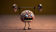 © TRAVELARIUM - Funny cartoon brain with legs and hands lifts heavy barbell, brain training illustration on solid background. Funny easy brain development concept with barbell, generative AI