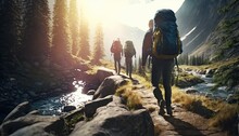 Trekking Group Of Tourists With Backpacks On Mountain Footpath Among River Forest, Beautiful Sunlight Above Nature Landscape, Wandering Nomads Wanderlust Hiking Concept, Generative AI