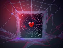 Red Heart Got Caught In Spider Web On Blurred Dark Background, Captivity Feeling Of Love Concept, Human Feelings In Blind Love. Red Heart Love Symbol In Trapped In White Spider Web, Generative AI