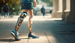 Female legs prosthesis close up walking outdoor in city park, disabled woman amputee wearing robotic prosthesis legs, modern limbless technology, girl with lower extremity prosthesis, generative AI