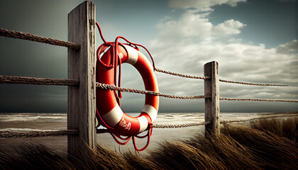 lifebuoy on fence near by sea