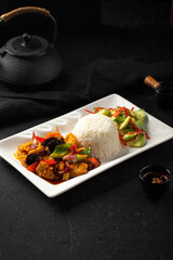 Poster - Portion of chinese braised chicken with rice and salad lunch