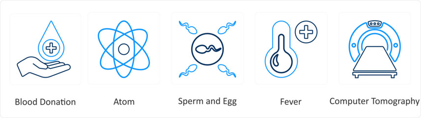 A set of 6 Medical icons as blood donation, atom, sperm and egg