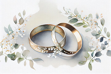 Wedding rings and flowers. Watercolor. generative ai