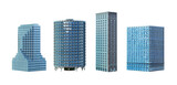 Fototapeta Nowy Jork - Skyscrapers, business towers, office, residential, commercial tall buildings set. Modern eco cityscape 3D render design element. Smart city megapolis town skyscraper icons isolated, transparent PNG