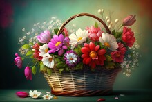 Colorful Backdrop With A Wicker Basket Of Gorgeous Flowers Generative AI