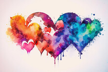 Wall Art Of Multicolored Hearts Symbols Watercolors - Love And Romance - Generative Ai
