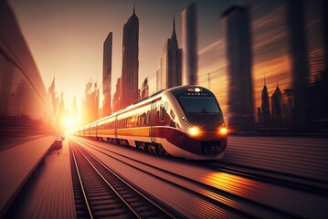 Wall Mural - breathtaking scene of a train racing through a futuristic metropolis toward a stunning sunset Generative AI