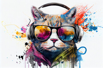 Wall Mural - Cat in headphone with sunglasse in bright clothes drawing with bit of watercolour.