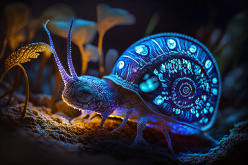 Wall Mural - Mystical glowing blue snail with legs. Isolated on dark background. Stunning birds and animals in nature travel or wildlife photography made with Generative AI