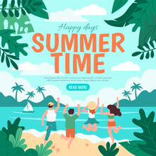 Summer Travel. Happy Friends Beach Vacation. People On Sea Shore. Man And Woman On Ocean. Tree Leaves. Tropical Resort. Summertime Holiday. Web Banner Design. Vector Cartoon Illustration