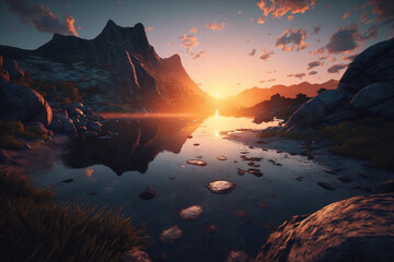 Canvas Print - Beautiful on the lake surrounded by mountains generative AI