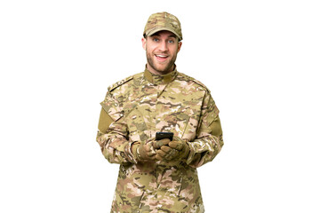 Poster - Military man over isolated chroma key background surprised and sending a message