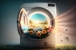 Fresh flower aroma washing product advertising, clean and fresh laundry concept. Generative AI