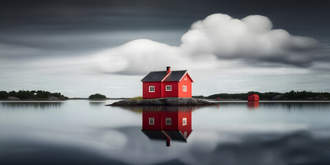 Small red cabin on scandinavian coastline