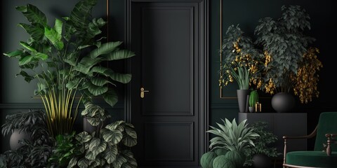 ai generated interior design featuring vibrant green indoor plants against a dark blue wall, generat