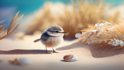Wall Mural - a splendid fairy-wren (malurus splendens) picks up a tiny white crab on the island shore with its be