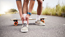 Ankle Pain, Injury And Skater With Ache Or Hurt Foot While Skating On The Road Or Street As Extreme Sport. Exercise, Fitness And Skateboarder With Muscle Strain In An Emergency Due To Accident