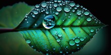 Nature Featuring Raindrops On A Plant Leaf With A Vibrant Background In Green And Turquoise, Generative AI
